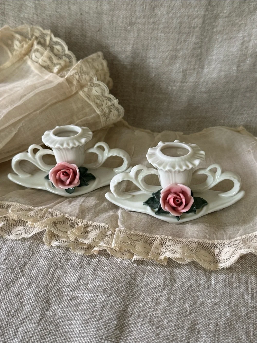 Karl Ens Germany vintage pink roses porcelain candleholders